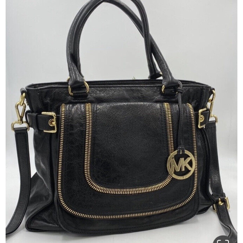 MICHAEL KORS Naomi Large Satchel Black Luxury Leather Zippers Handbag Purse Bag